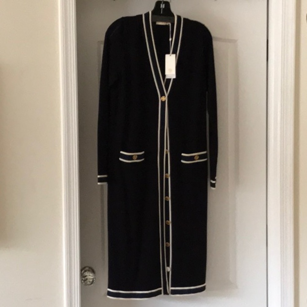 Tory Burch Longline Madeline Cardigan Navy Blue Merino Wool with Gold Buttons